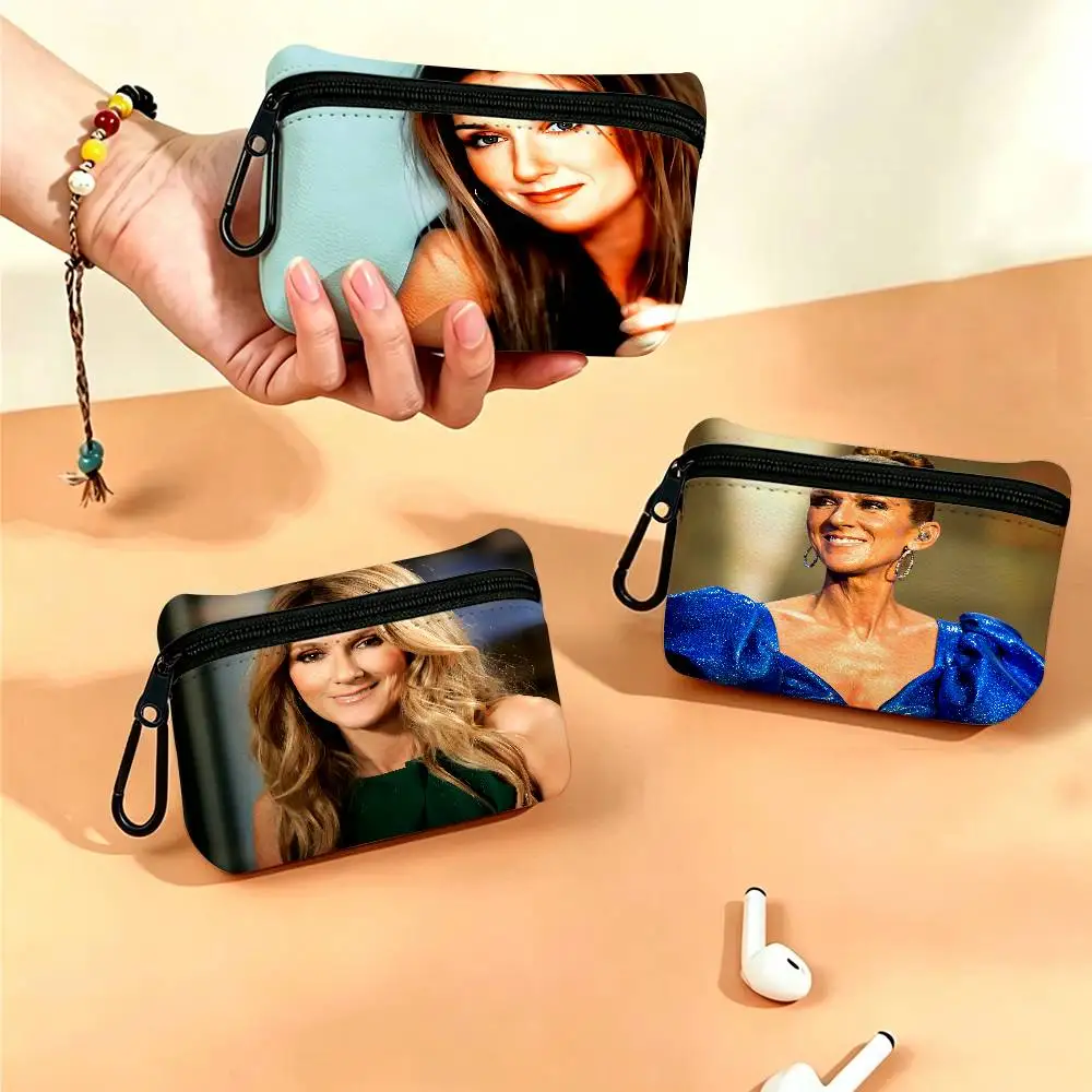 Celine Dion Black And White Lightweight Oxford Fabric Coin Purse Carabiner Hook Design Mini Card Key Organizer Bag