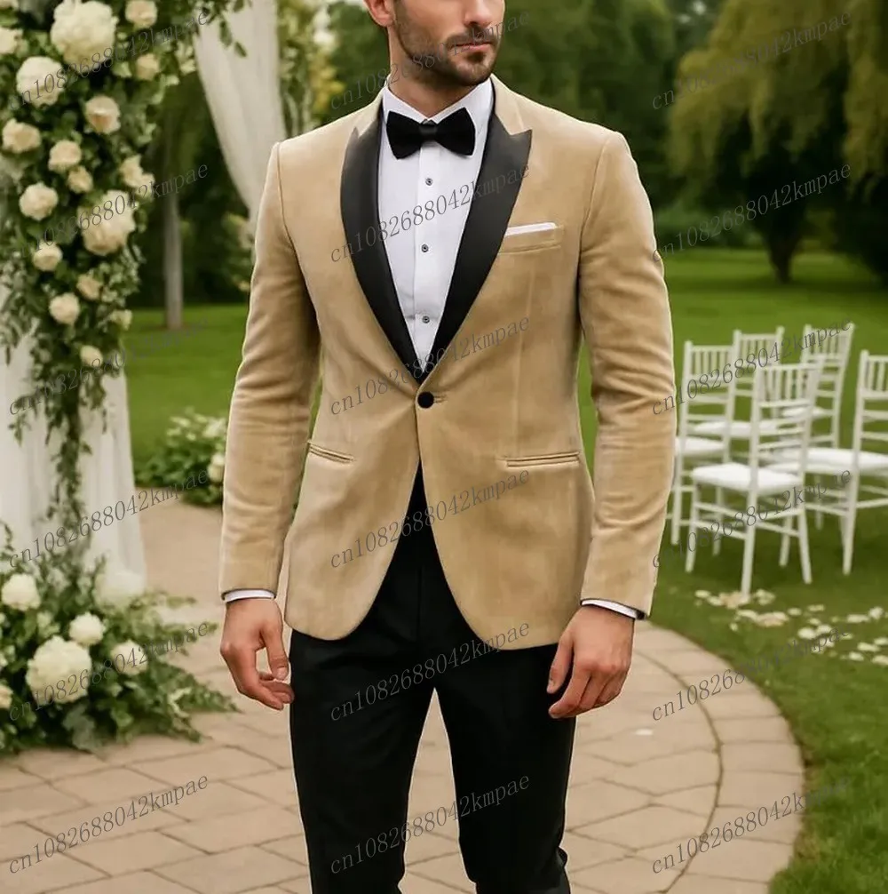 

Черный воротник, бежевый бархат, мужские формальные смокинги, жених, жених, свадебная вечеринка, выпускной, мужской деловой костюм, комплект из 2 предметов, блейзер, брюки