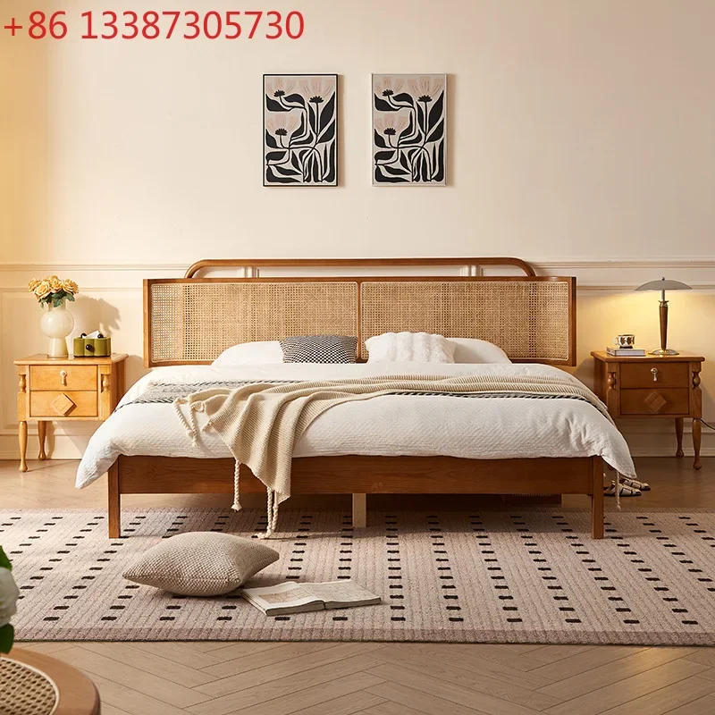 Rattan bedside characteristic solid wood bed modern simple single bed new Chinese style