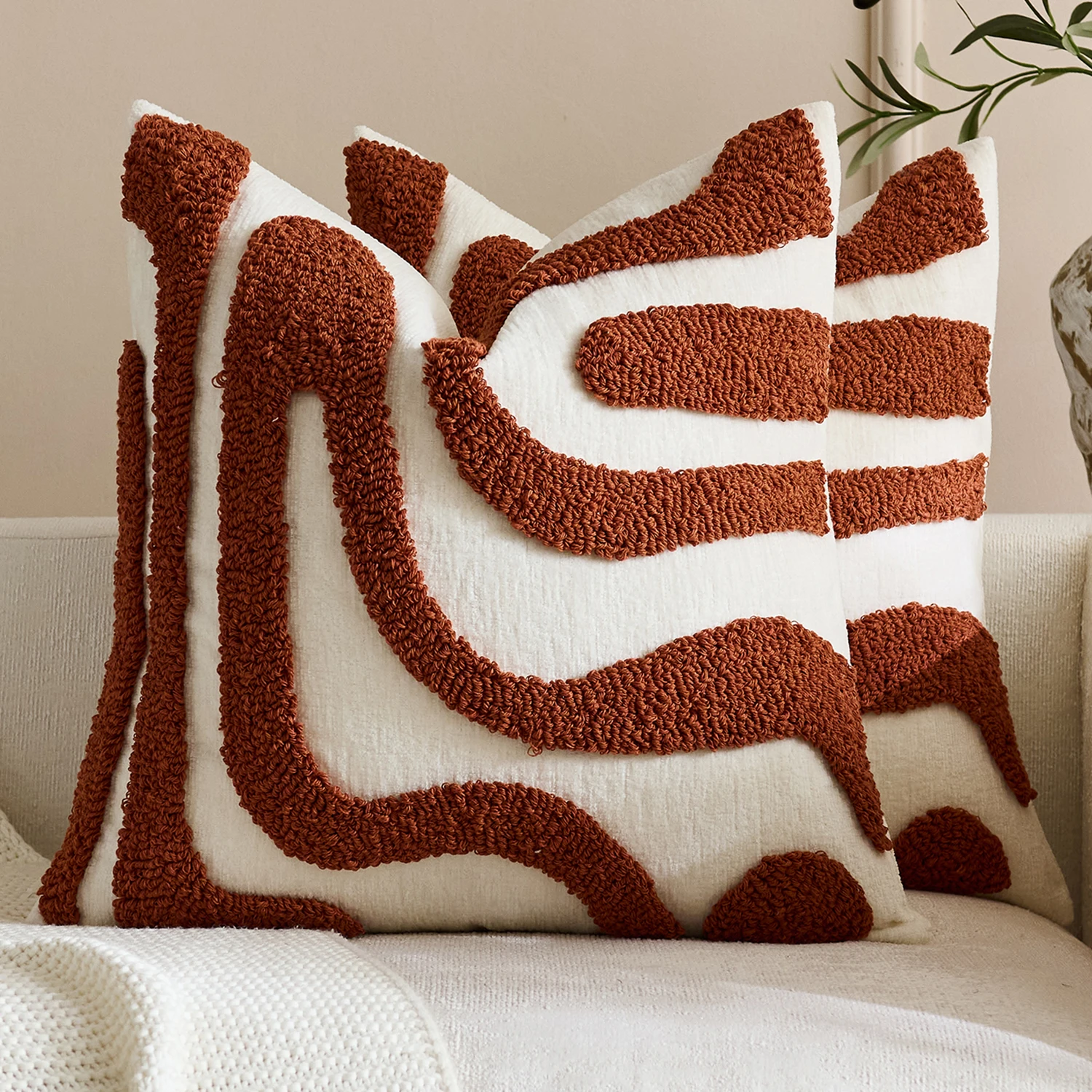 2-Pack 45cm Abstract Curve Pillow Covers 3D Flocking Textured Wabi-Sabi Style Versatile Soft Decorations for Any Room