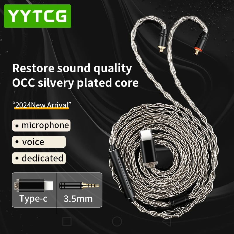 YYTCG Microphone Headset Upgrade Cable 3.5mm/Typec Connector, MMCX/0.78 Pin, Eight-Strand Single Crystal Copper Coated Silver