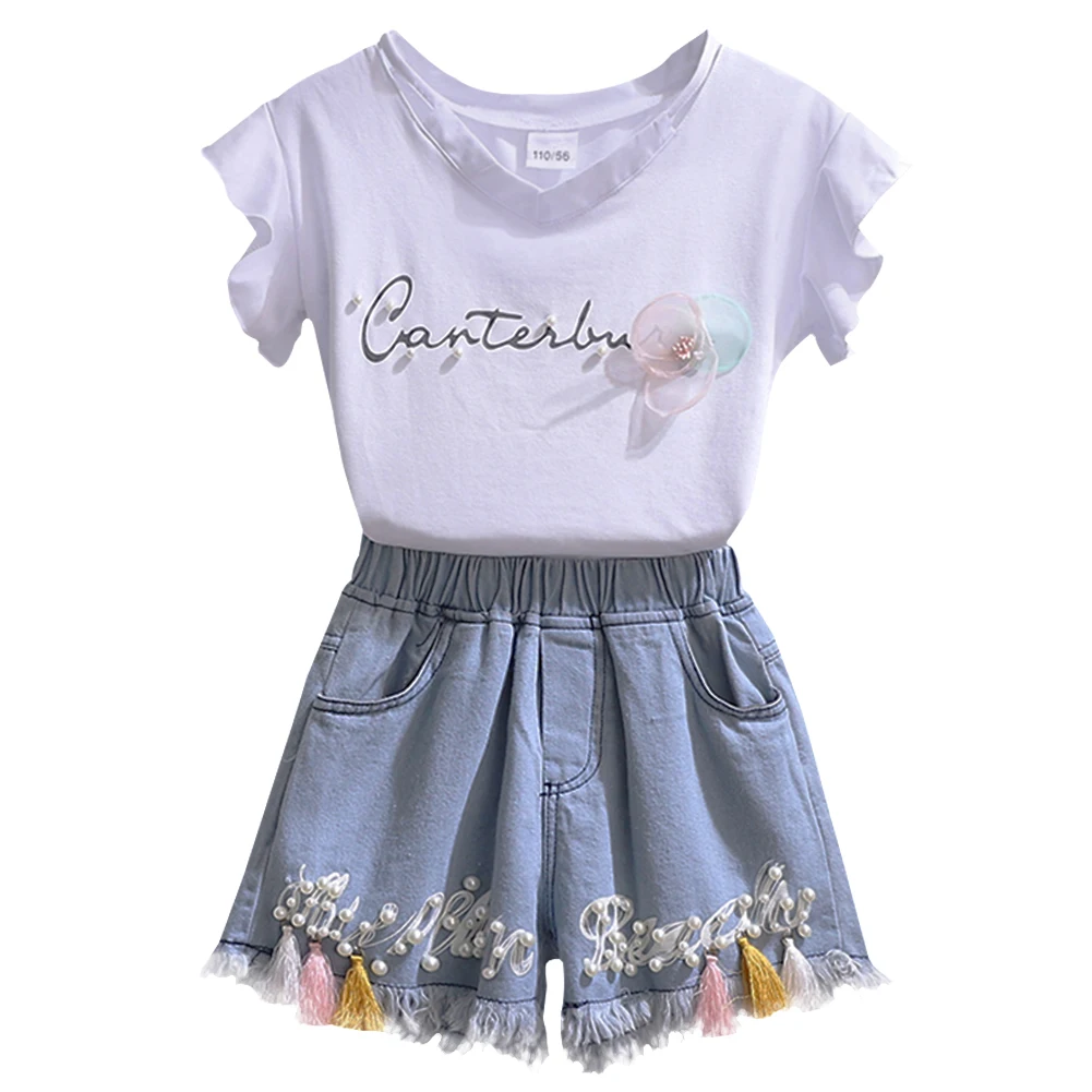 Summer Children's Suits Ruffled Sleeve Tops+Demin Shorts 2-Piece Teens Casual 3D Flower White T-Shirt Embroidered Jean Bottoms