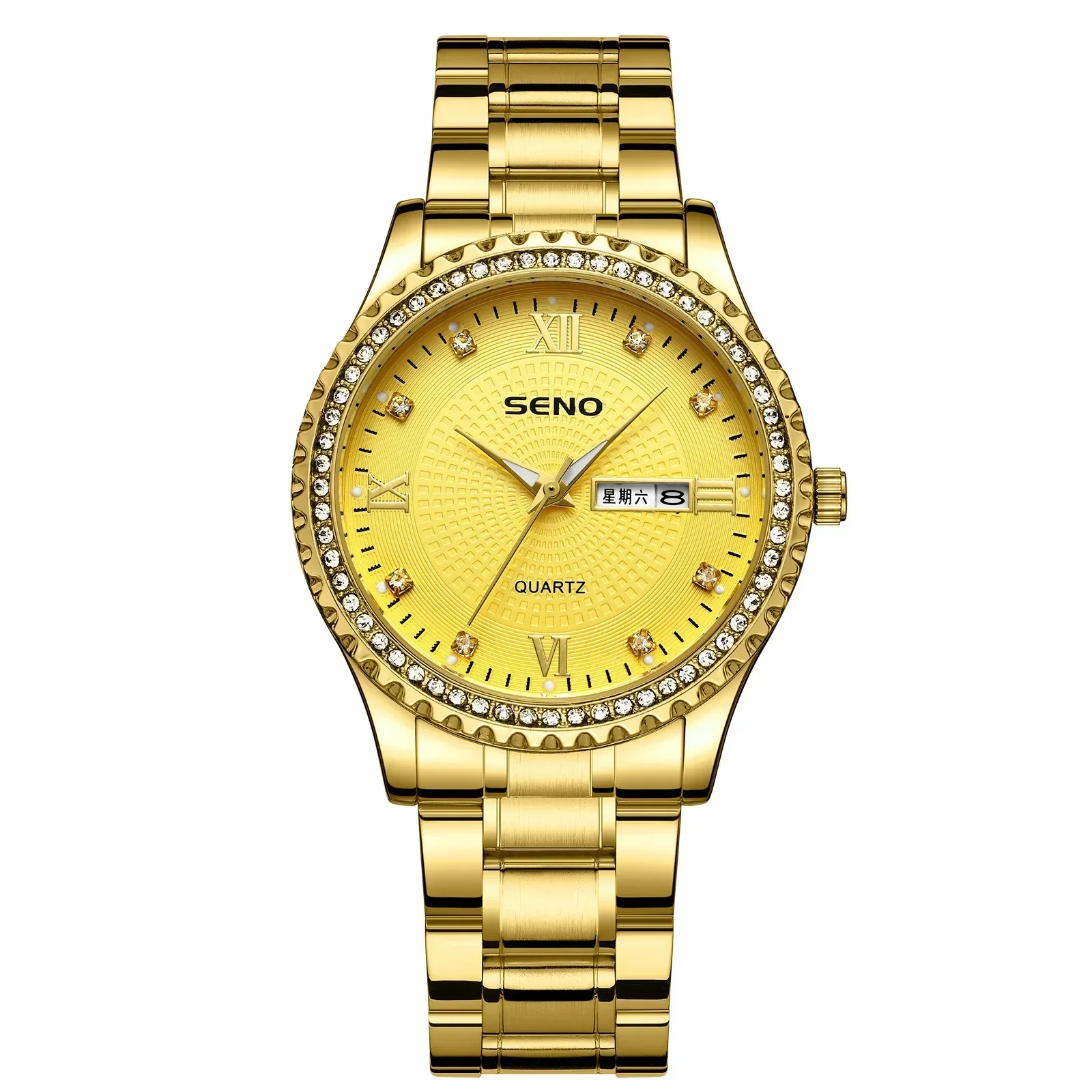 

2025Золотые часы мужские модные бриллиантовые циферблаты светящиеся стрелки двойной календарный механизм