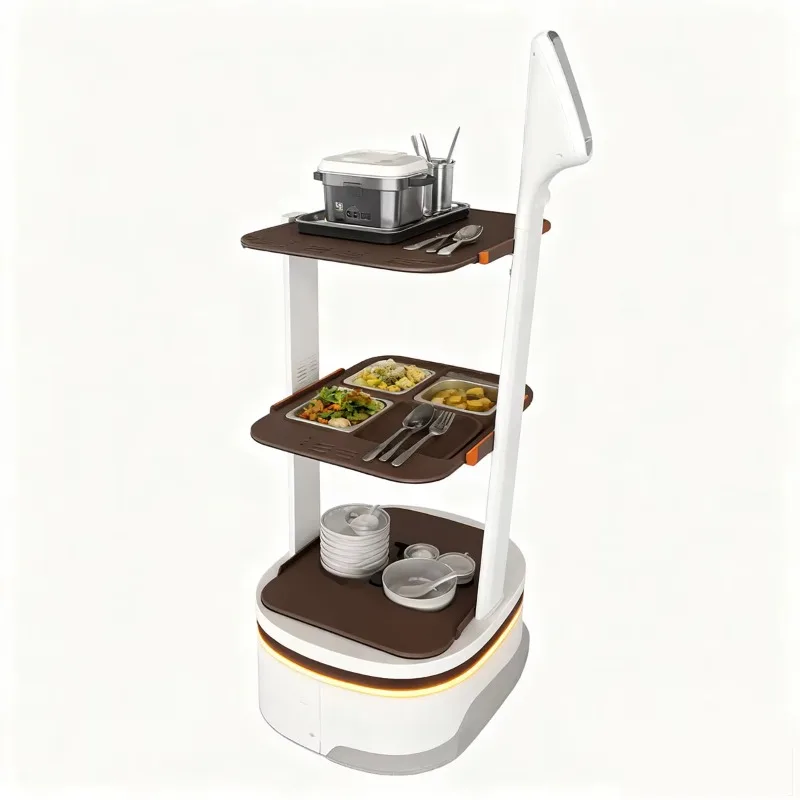 Intelligenter Lebensmittellieferroboter für Restauranthotels mit stabilem mehrschichtigem Tablett, autonome Navigation, selbstladender Service-Bot