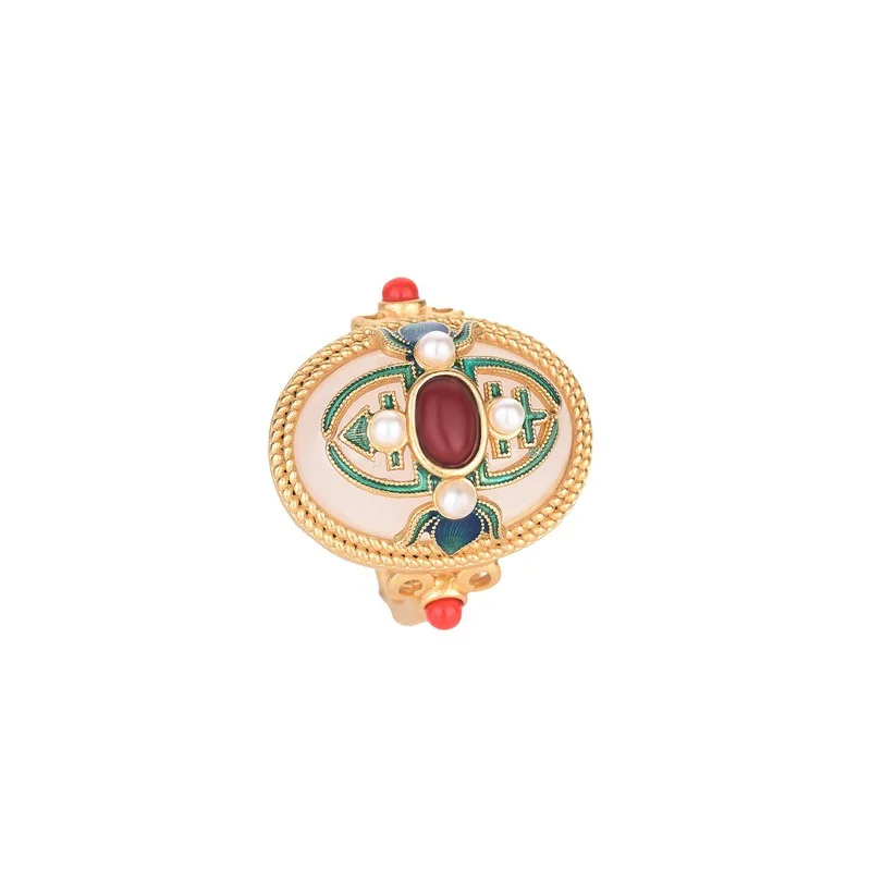 Ancient Law Inheritance Gold-Plated Palace Chinese Style Elegant Ring Enamel Color White Jade South Red Pearl Ring Women Jewelry