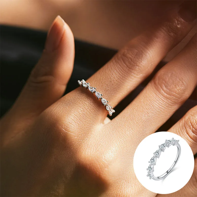 

100% 925 Sterling Silver Zircon Water Drop Ring for Woman Girl Fashion Simple Geometric Design Jewelry Party Gift Dropshipping