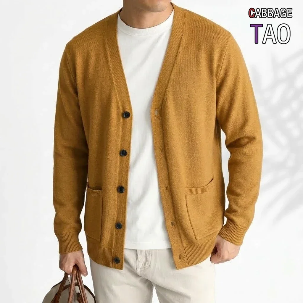 New Mens Knit Cardigan V Neck Button Up Knitted Apparel Long Sleeve Textured Jumpers with Pockets Business Office Outerwear Coat