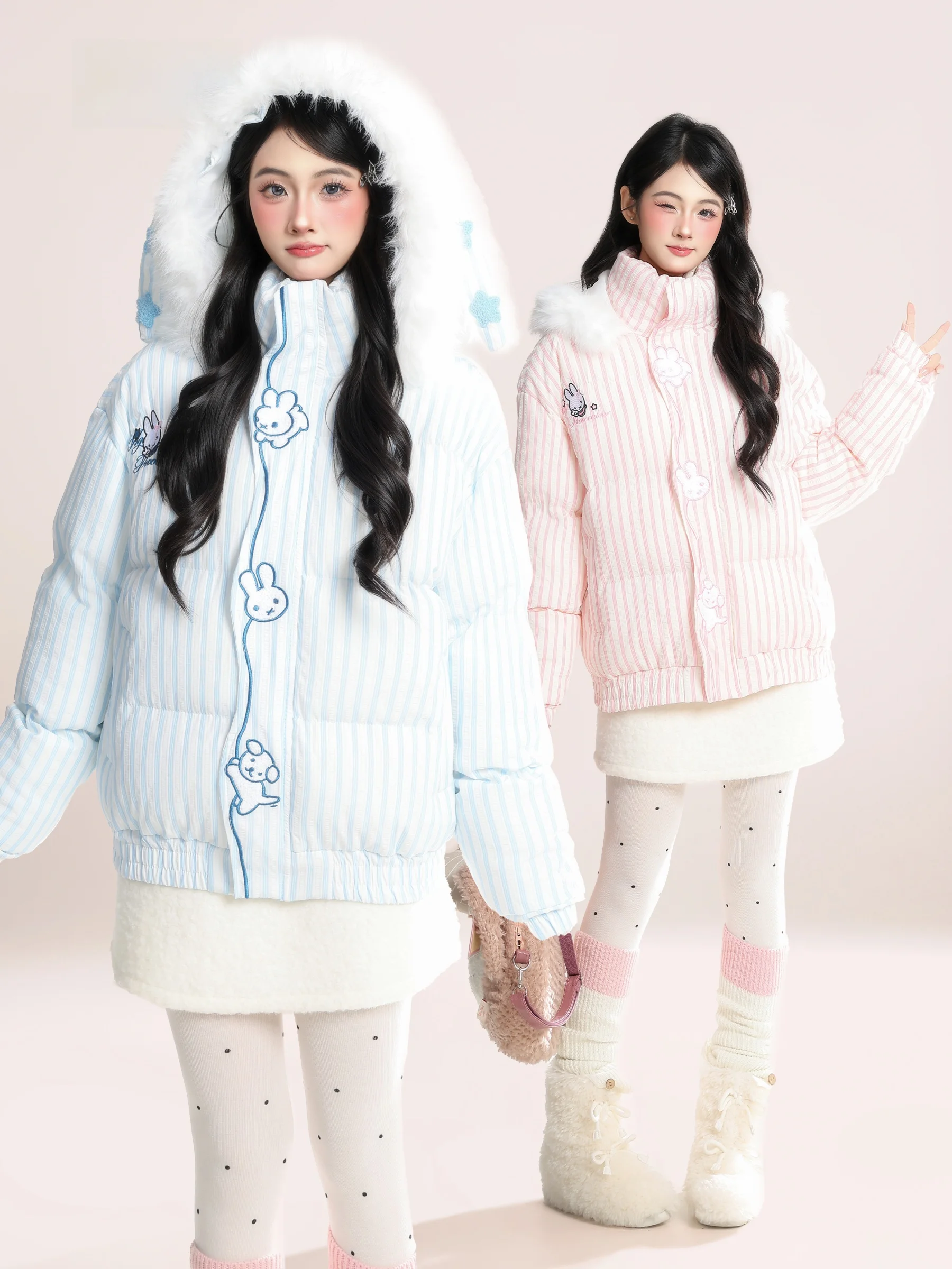 

Korean Sweet Striped Rabbit Ear Embroidered Large Fur Collar Hooded Cotton Jaet Women's Winter Warm Bread Sle Coat