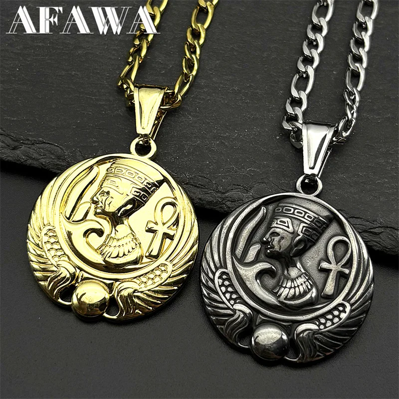 

Pharaoh Nefertiti Ankh Cross Key of Life Necklace for Women Men Stainless Steel Gold Color Ancient Egyptian Necklaces Jewelry