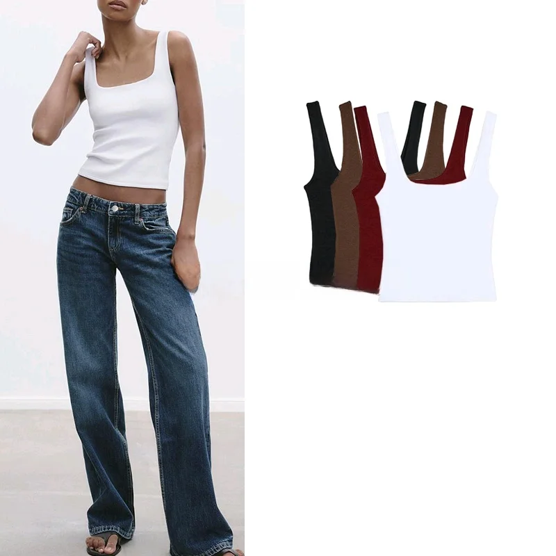 Spring Summer New Women's Wide Strap Square Collar Slim Fit ort T-irt Commute Sle Polyester Fiber Chinese Production