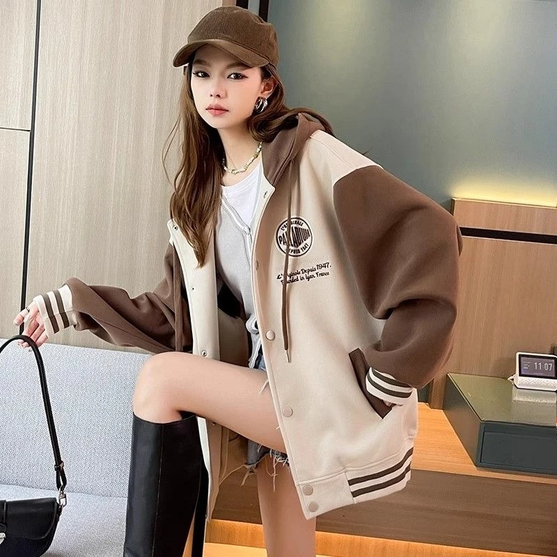2025 Spring Autumn Women's Baseball Jacket Hooded Loose Fitting Color Block Design Comfortable Student Coat for Petite Frames