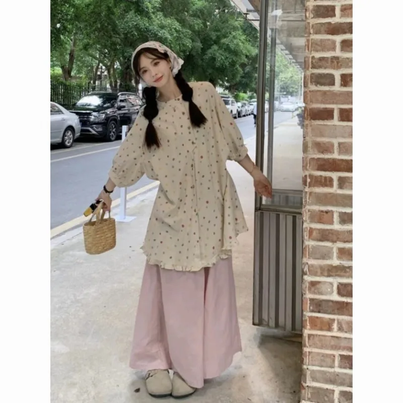 

Women's Trousers Suit Large Size Sweet Loose Polka Dot Round Neck Short-sleeved Shirt Casual Wide-leg Pants Two-piece Sets