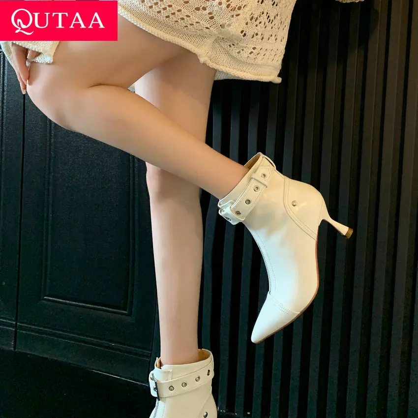 

QUTAA 2024 Women Genuine Leather Ankle Boots Pointed Toe Thin High Heel Shoes Woman Office Lady Basic Autumn Winter Size 34-39