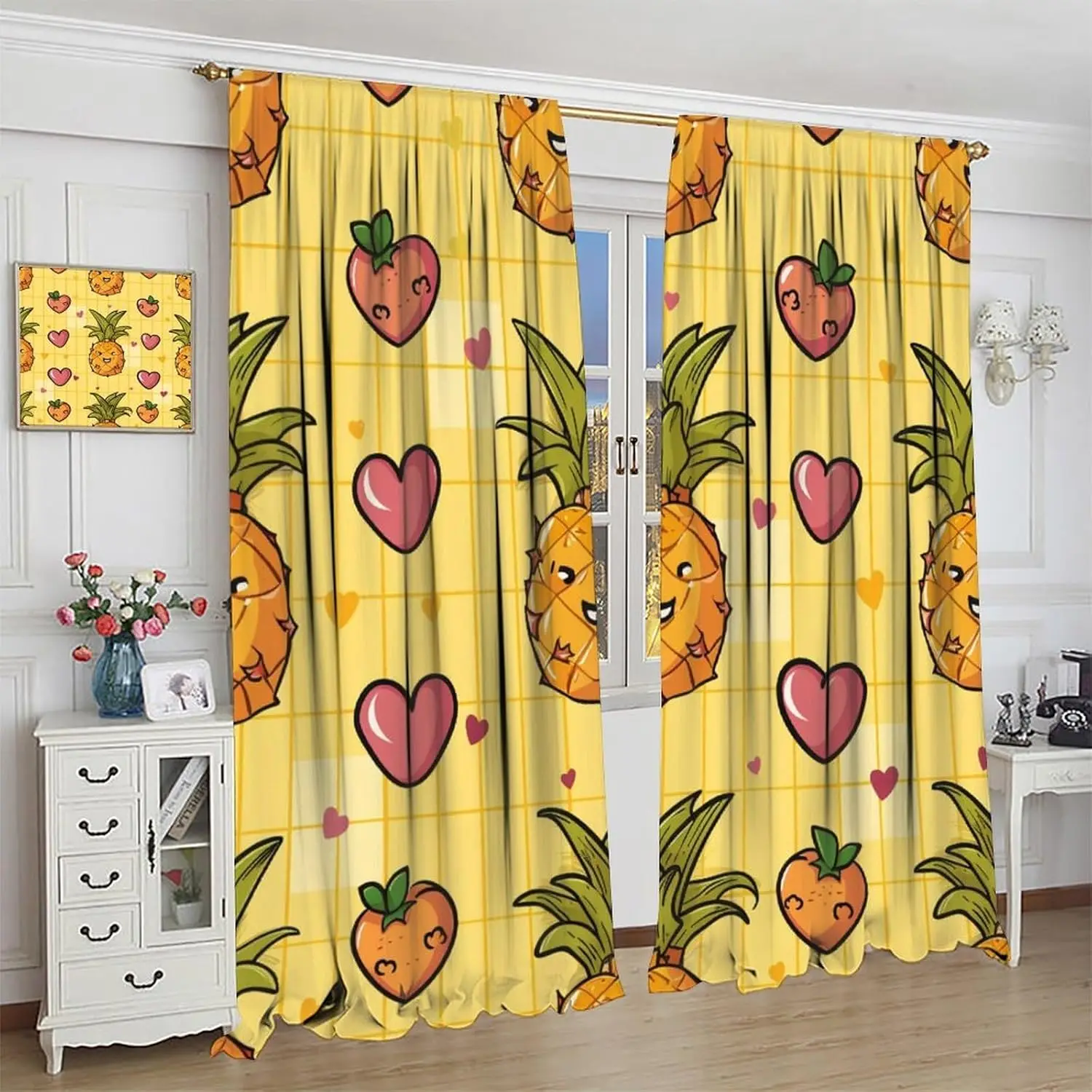 Cute Fruit Pineapple Blackout Curtains for Bedroom Living Room, Abstract Cartoon Heart Pattern Curtains Rod Pocket Thermal