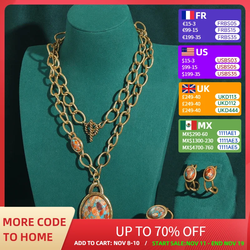 

Vintage Jewellery Women Oval Clip Earring Set Nautical Map Pendant Necklace Palace Luxury Natural Stone Big Chain Jewelry 2024