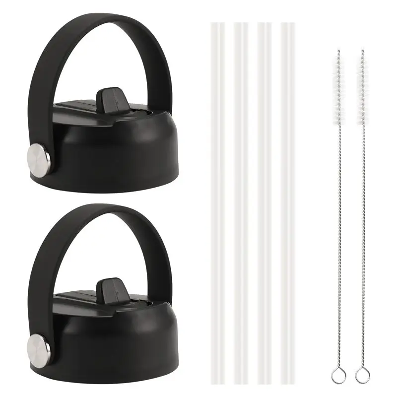 ABWZ-2 Paquete de 2 tapas con pajita para Hydro Flask de boca ancha de 12 oz, 18 oz, 32 oz, 40 oz, 64 oz, tapas de repuesto con asa flexible y pajitas negras de PP+TPR