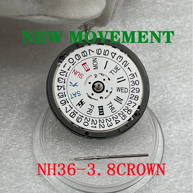 New Silver NH36A Watch Movement Fully Automatic 3-8 O'clock Crown Metal Mechanical Parts 24 Jewels Diamonds