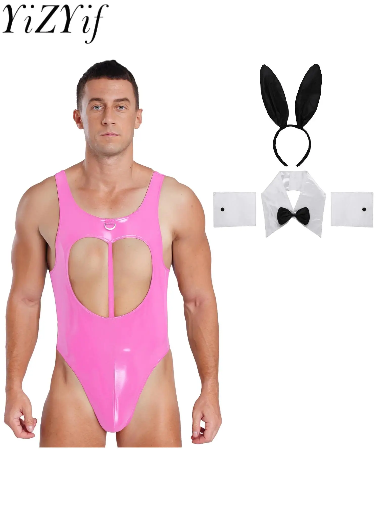 

Men's Gays Pink Tempting Bunny Bodysuit with Rabbit Ear Headwear Bowtie Collar And Cuffs Set for Drag Queen Role Play Nightwear