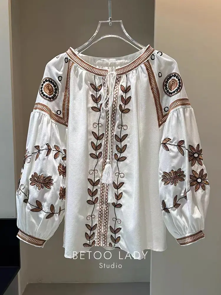 

New In 2024 Autumn Embroidery Cotton Linen Shirts and Blouse Women's Lantern Sleeve Top Blusas Women Clothes