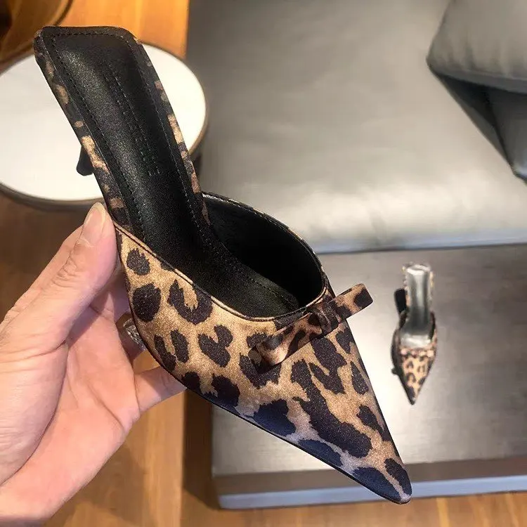 women's leopard-print pointed high-heeled slippers fashion bow stiletto slippers elegant party dress sandals office high heels
