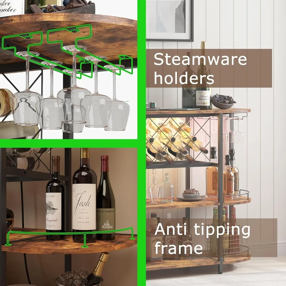 Tavolo da bar per armadietto del vino con presa di corrente e luce a LED, tavolino da bar a tre livelli Portabottiglie Liqour Bar con ampio spazio di archiviazione