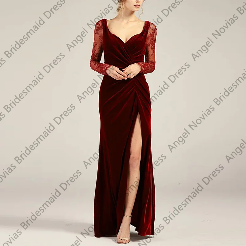 

Long Sleeves Dark Red Velvet Bridesmaid Dresses with Split Wedding Guest Party Dress Customized Vestidos De Festa