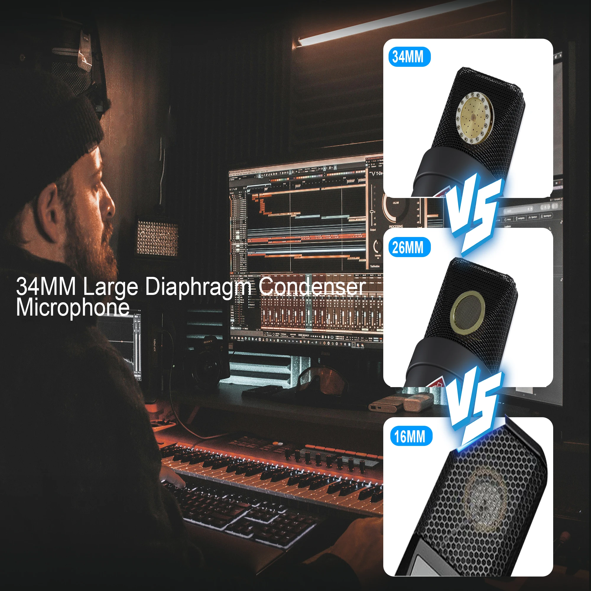 KTES AMX 103 XLR Condenser Microphone Professional Cardioid Mic for Recording Podcasting Streaming Home Studio 48V Phantom Power