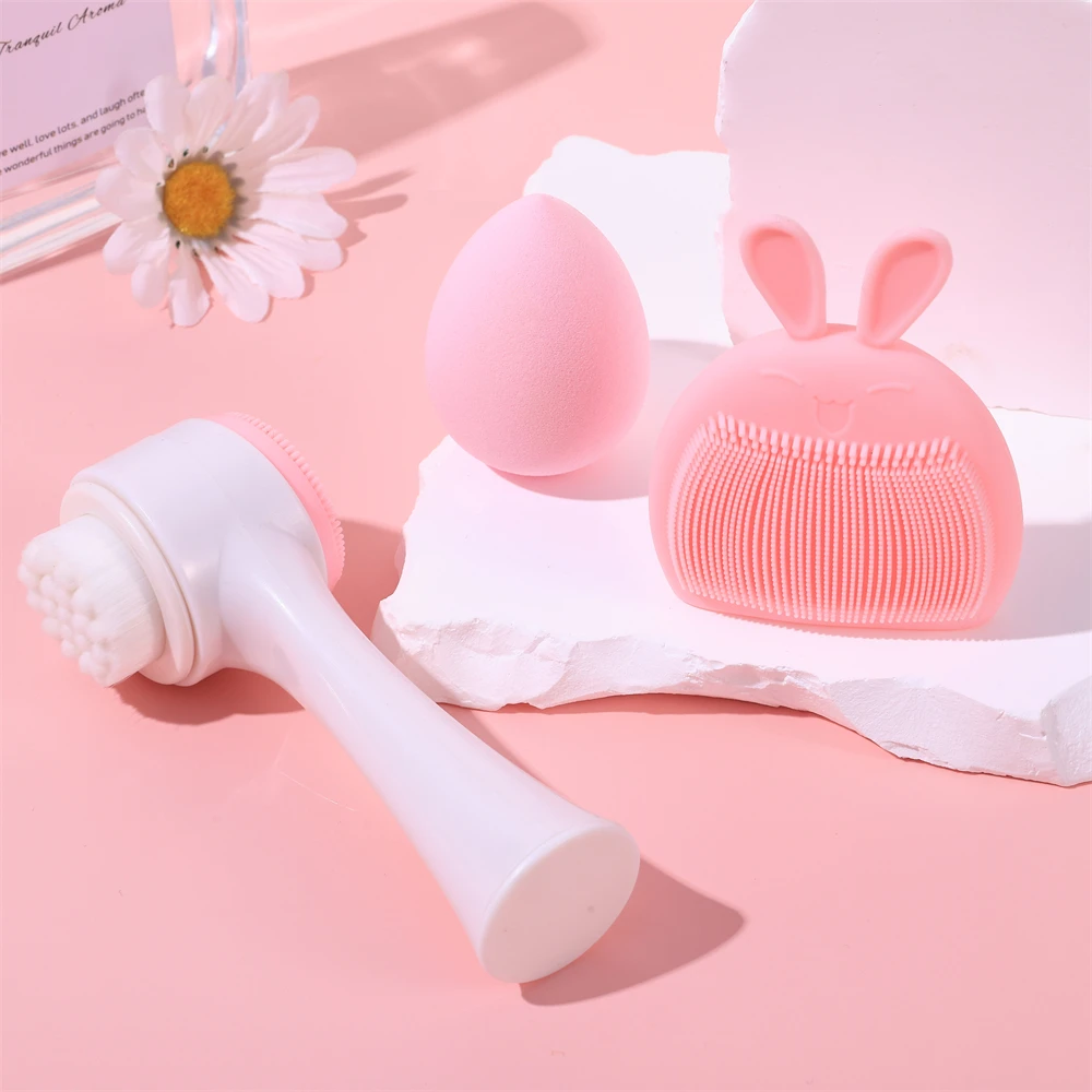 Face washing tool set, including 1 handle face washing brush, 1 bunny shape, 1 makeup sponge, face massager (3 pieces)