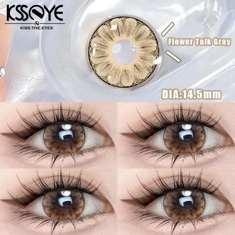 KSSEYE 2Pcs Colored Contact Lenses Myopia Degree -0.00 to -8.00 Flower Talk Brown Eyes Beauty Pupil Gray Makeup Soft Lenses