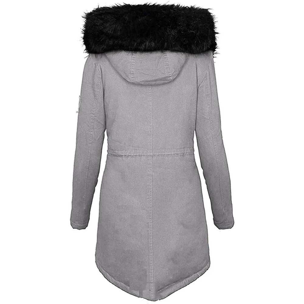 Winters Women\'s Fur Collar Mid-length Parka Coat Solid Color Fluffy Hat Zipper Waist Drawstring Warm Coats  Jacket