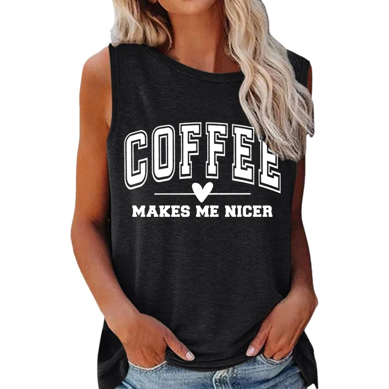 Coffee Makes Me Nicer Graphic Sleeveless Top Coffee Lover Humor Ladies Tank Top Soft Casual Daily Wear Summer Women's Vest
