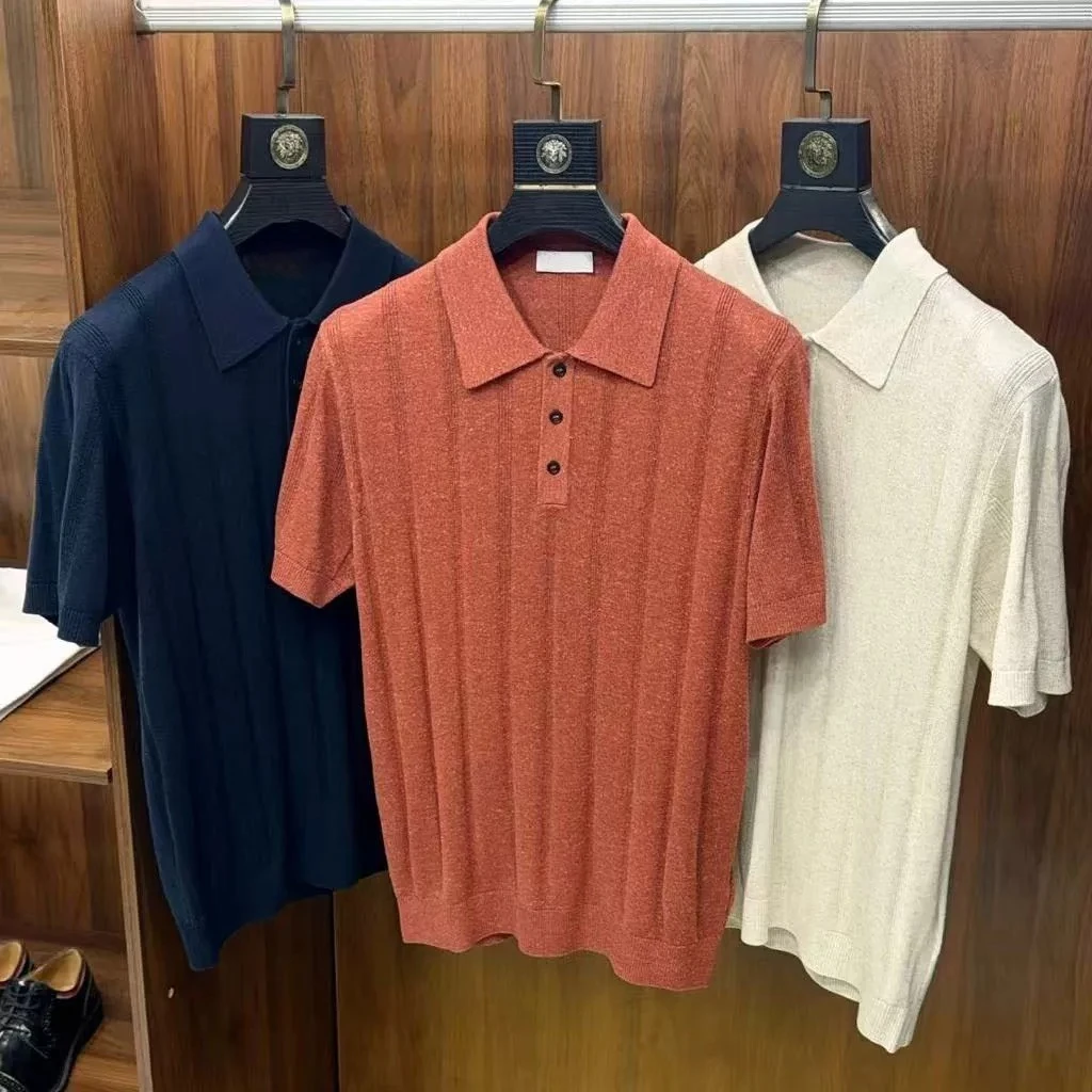 Italian old money BC gentleman linen lyocell fiber sand county lapel short-sleeved knitted polo shirt