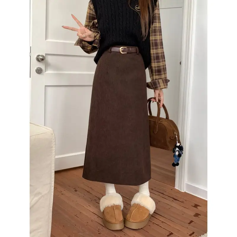 Vintage Corduroy Skirts Women Autumn Winter Elegant Fashion High Waist A-line Slim Harajuku Streetwear Midi Skirt Female Clothes