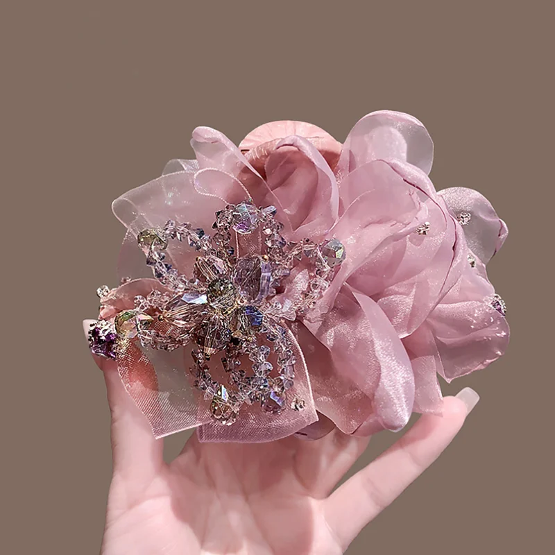 Pink Mesh Crystal Flower Hair Clips Hairband Full Back of Head Shark Clip Hairpin Sweet Cute Claws Clip Women Hair Accessories