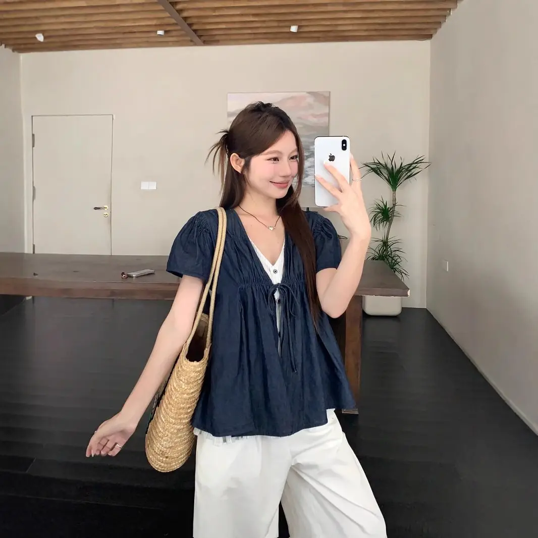 

Summer New Product Design Sense Heavy Industry Lace Stripe Cowboy Splicing Stripe Fake Two Piece Shirt for Women