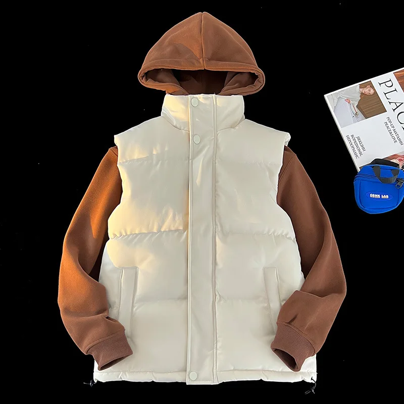 다운 코트 솔리드 남성용 지퍼 파카 커버드 버튼 다운 베스트 스탠드 칼라 스플라이스 포켓 긴팔 가디건 루즈 캐주얼