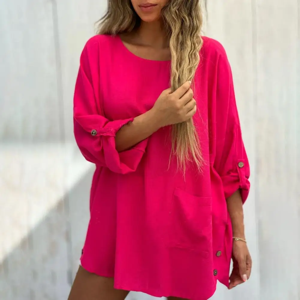 Relaxed Style Women Blouse Stylish Women's Casual Tops Loose Fit Long Sleeve Shirt with Pocket Solid Color Blouse for Everyday