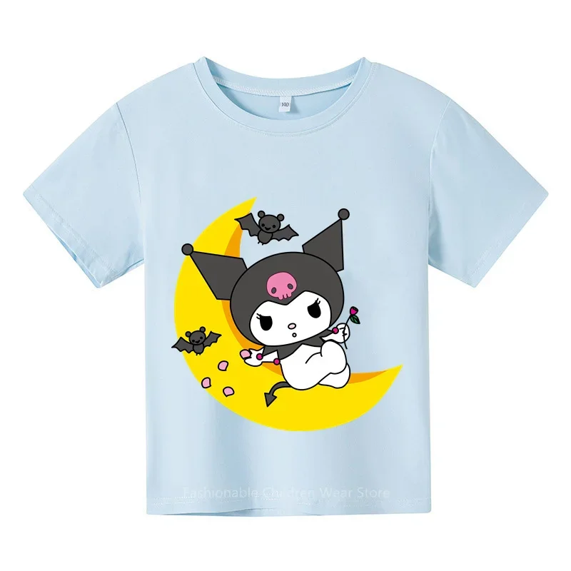 

Футболка детская с рисунком Hello Kitty Kuromi, хлопок, короткий рукав, Повседневная модная уличная одежда для мальчиков и девочек, на лето