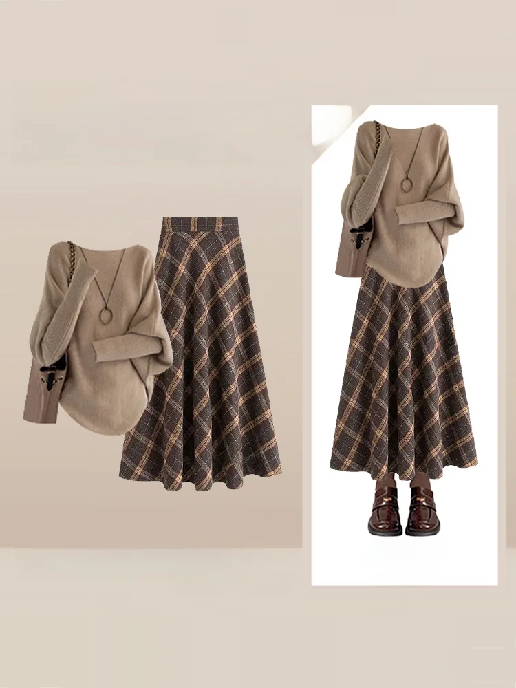 

Ретро-комплект: вязаный свитер и юбка в клетку для женщин, зимний, свободный крой, комплект одежды малого размера