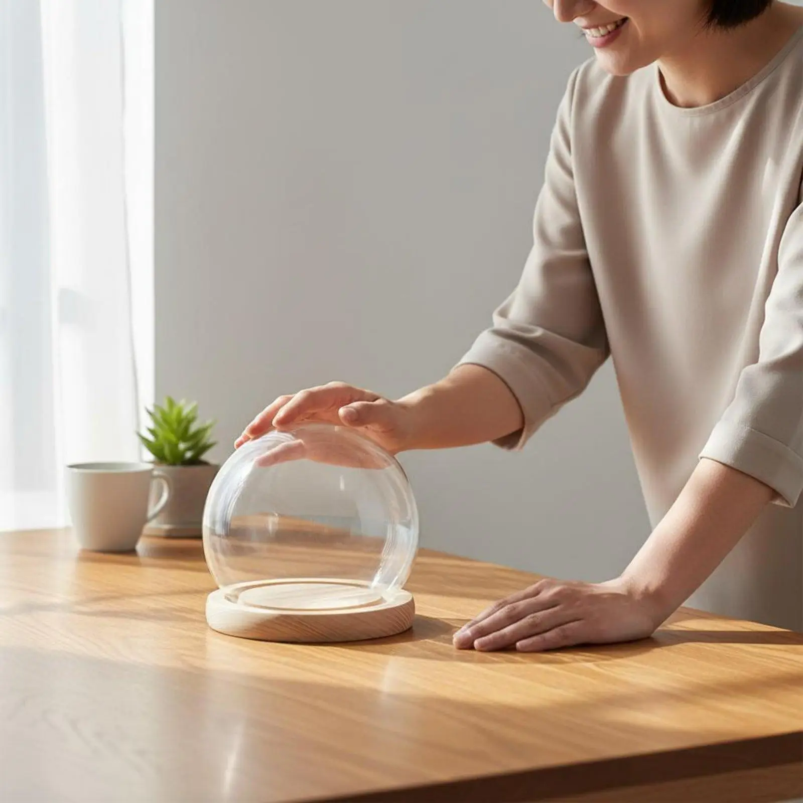 Glass Cloche Wooden Base Minimalist Design Spherical Glass Cloche with Base