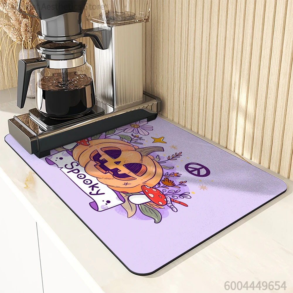 1pc Drying Mat Halloween Pumpkin Ghost Mushroom Non-Slip Absorbent Mat Tableware Kitchen Counter Drain Mats Placemats for Table