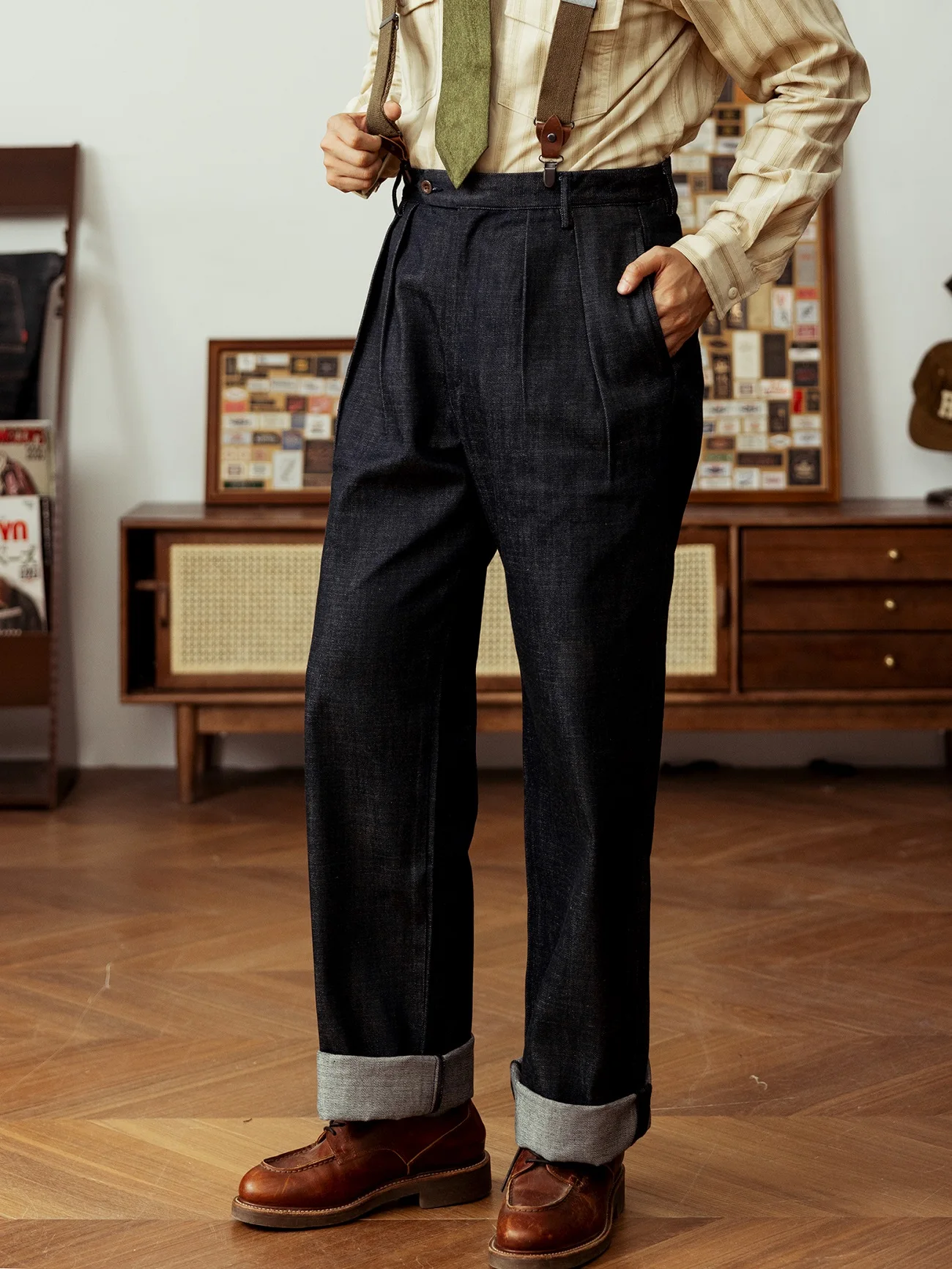 

Red Tornado Double Pleated High Waist Loose Wide Leg Denim Jeans Vintage Style Pants French Gentleman Overalls Trousers GDCK0002