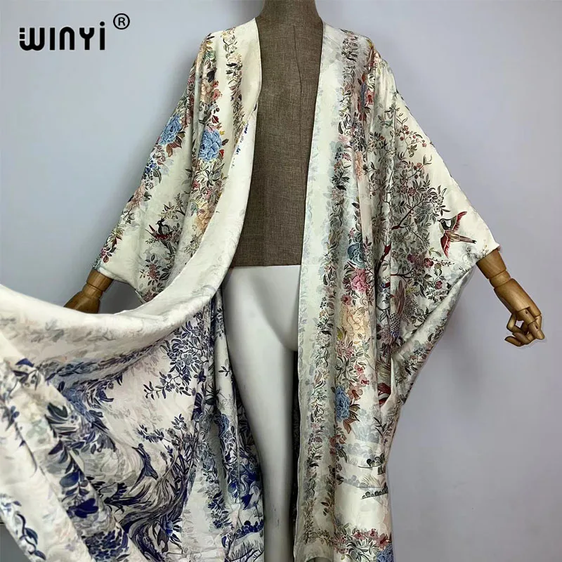 WINYI High-grade double-sided Bohemian Printed silk dress coat Beach Wear Cover up fashion elegant Holiday party Cardigan kimono