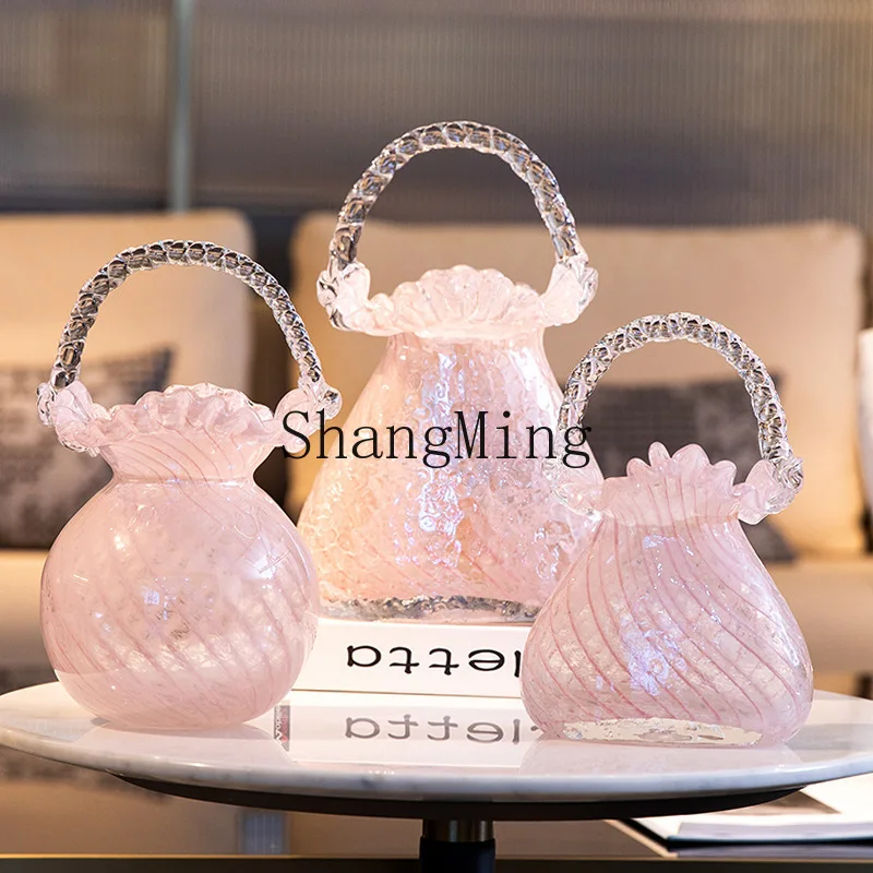 

CL Pink Wave Handle Hydroponic Bag Bag Glass Vase Glass Living Room Model Room Soft Decoration Table Decoration