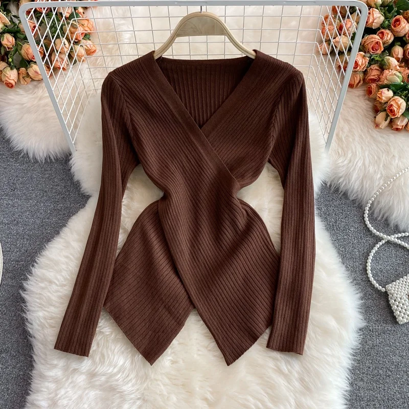 Kobiety Ladies Autumn Winter Slim Knitted Knitwear Knit V Neck Tops Long Sleeve Shirt Blouse Baju Baju Wanita Lengan Panjang