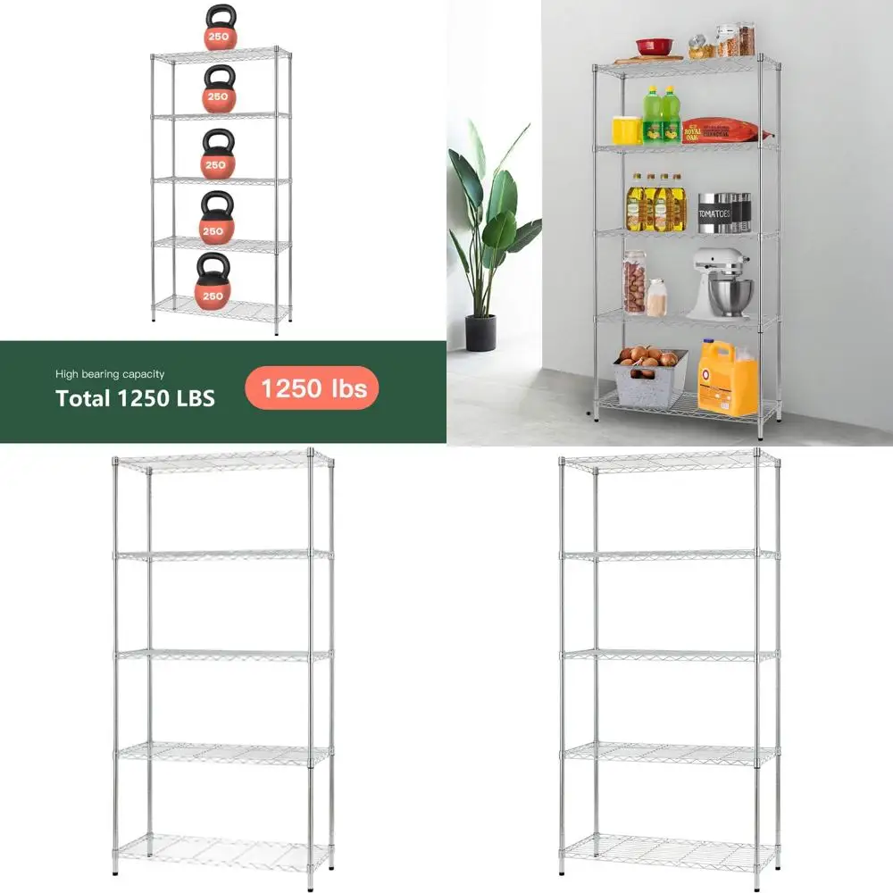 

Adjustable 5-Tier Heavy Duty Metal Shelving Unit, 1250 lbs Capacity, Chrome Finish, 36x14x72