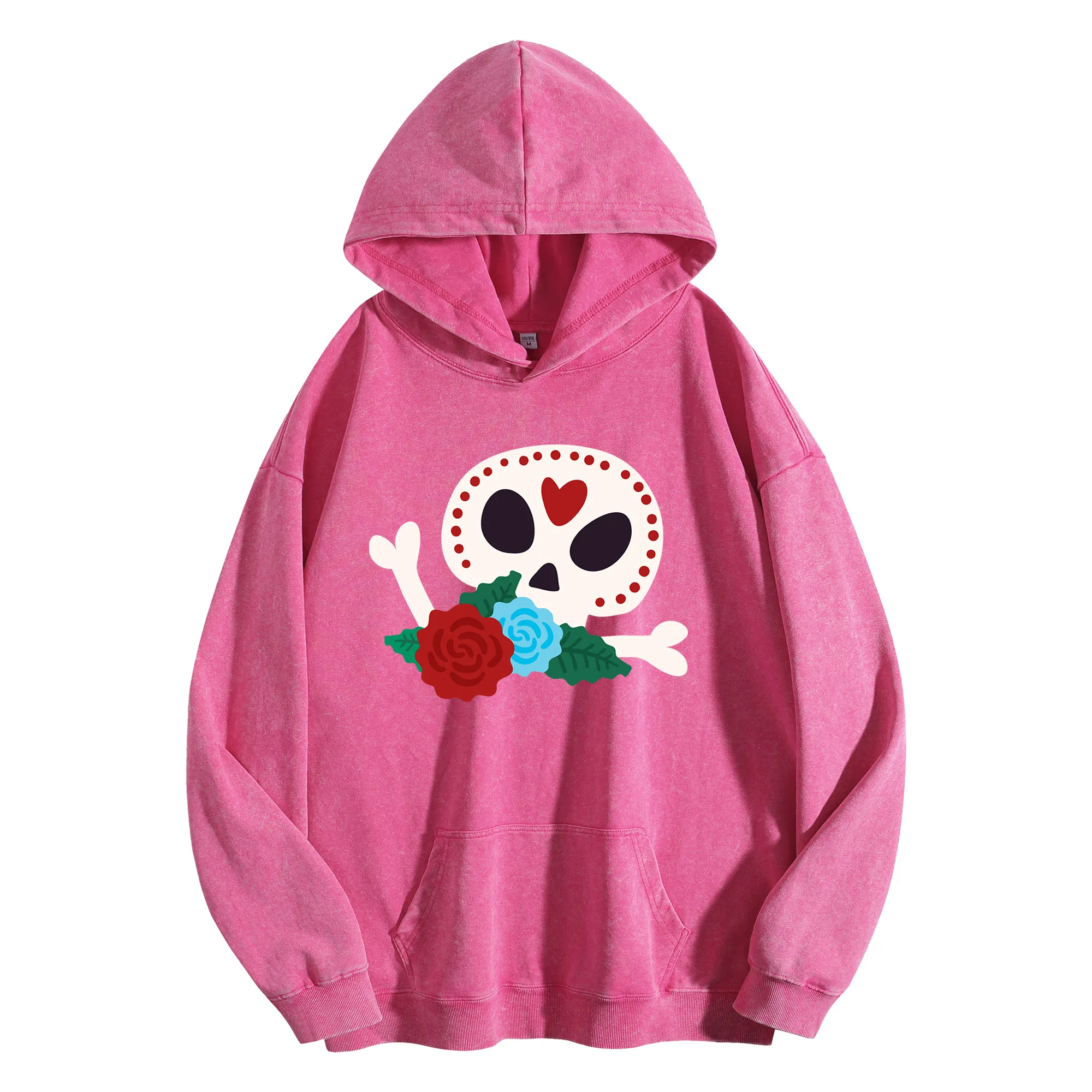 سترة بغطاء للرأس مغسولة عتيقة 400G مطبوعة برسومات جمجمة ووردية للجنسين، بلوفر كبير الحجم، مجموعة الخريف/الشتاء #3