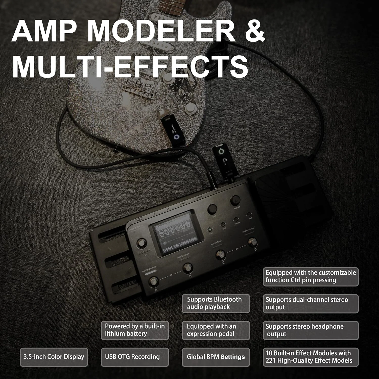 AUDOTA AME-200 Pro Multi-Effects Guitar Pedal, 10 Modules, 200 Presets, Tuner, 50 Drums, Looper, USB OTG, Headphone Out