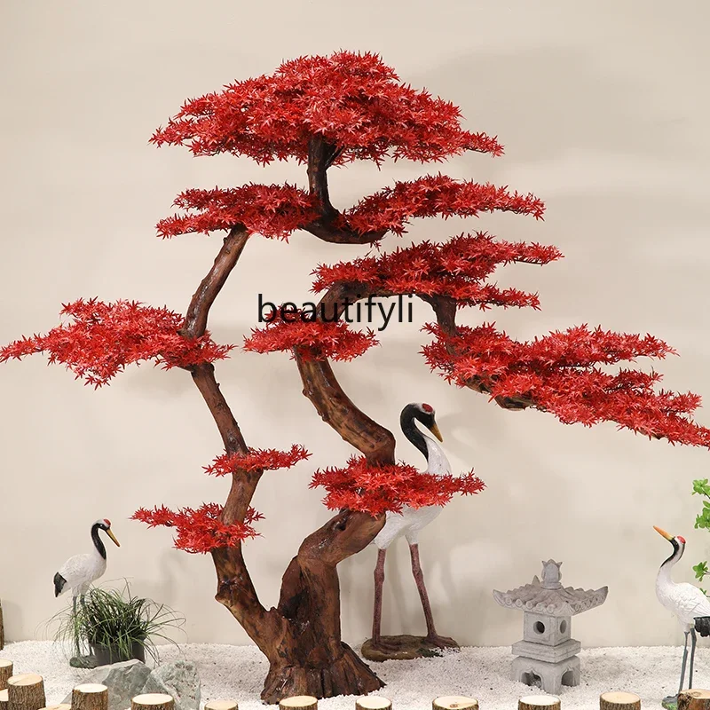 

Y New Chinese Style Red Maple Simulation Maple Tree Welcome Pine Mall Hotel Large Fake Trees