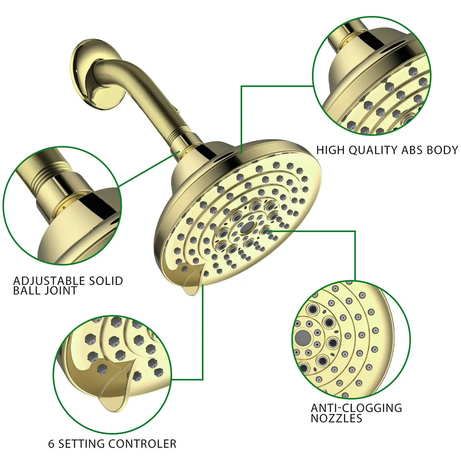 Cabeça de chuveiro dourada de alta pressão com 6 configurações de spray |   5 design fixo de chuva com bicos anti-entupimento e fácil instalação